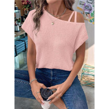 Camiseta Informal de Verano para Mujer, de Manga Corta, con Hombros Descubiertos y Tejido Gofre, Color Rosa, Talla S