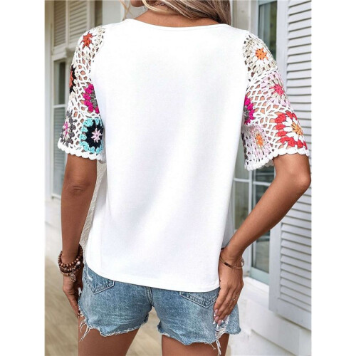 Crochet Short Sleeve Crew Neck Shirt White L 2
