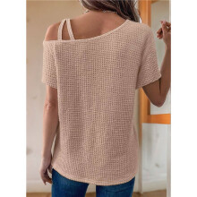 Womens Summer Casual Off One Shoulder Waffle Knit Short Sleeve T-Shirts Khaki XXL