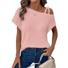 Dames Zomer Casual Off-Shoulder Wafel Gebreide Korte Mouwen T-Shirts Roze XL
