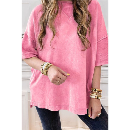 Summer Oversized Side Slits Casual Short Sleeve Basic Tees  M 2