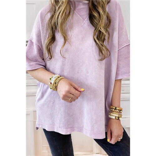 Summer Oversized Side Slits Casual Short Sleeve Basic Tees Light  XL 2