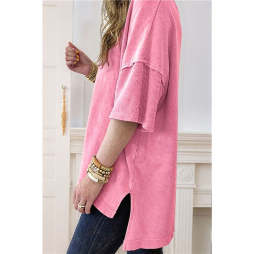 Zomer Oversized Zijsplitten Casual Korte Mouw Basic T-Shirts Roze M 1
