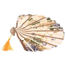 3X Classic Style Peony Flower Fabric Bamboo Folding Dance Hand Fan Beige
