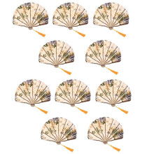 10X Classic Style Peony Flower Fabric Bamboo Folding Dance Hand Fan Beige