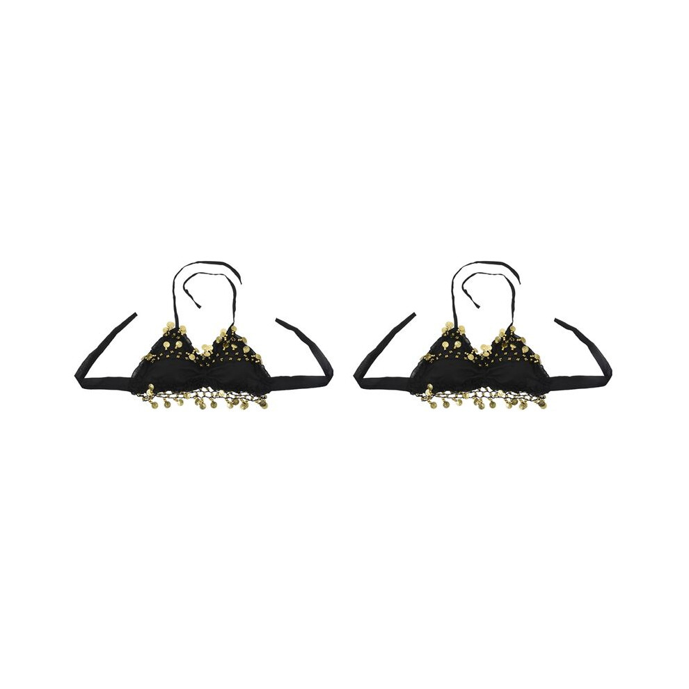 Exogio Black 2X Sexy Lace Pleated Chiffon Coin Belly Dance Bra Top Costume