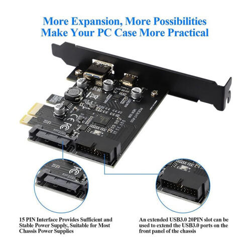 2X PCI-e 1X para USB 3.2 Gen1 USB3.2 Type-C Front Adapter Card 2  (Type C+ Type A) Expansion Card 1