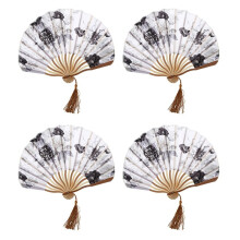 4X Chinese Gray Peony Blossom Fabric Bamboo Folding Dancing Hand Fan White