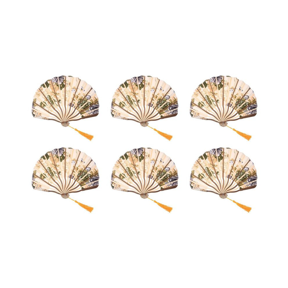 6X Classic Style Peony Flower Fabric Bamboo Folding Dance Hand Fan Beige 6031562290978