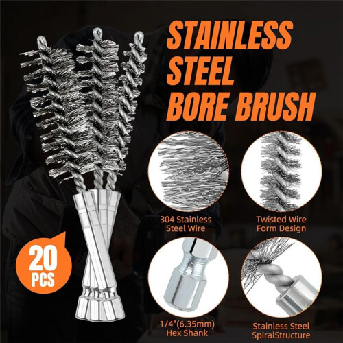 20pcs Wire Bore Brush Set with,Wire Brush for Drill,with 1/4 Hexagonal Handle,for Electric Drill,RustProof Cleaning Hole 1