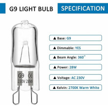 Lâmpadas G9Heat, lâmpadas halógenas de luz branca quente de alto rendimento para ampla aplicação, 230V 28W, acendimento instantâneo, sem