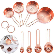 Målebeger og skjeer i roségull, sett med 8 deler i rustfritt stål, non-stick med lettrengjørbar overflate, egnet for flytende og tørre