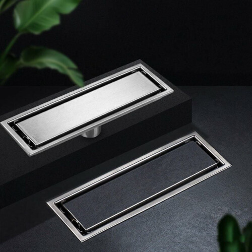 Linear Shower Drain with Tile Insert Grille, Brushed 304 Stainless Steel Rectangular Floor Drain for Bathroom Kitchen, Shallow V Profile Linear Drain 2