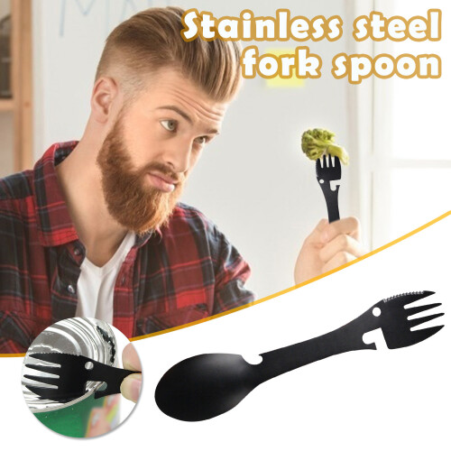 (black) Five-in-one Fork, Spoon And Knife Camping Outdoor Tableware Cookware