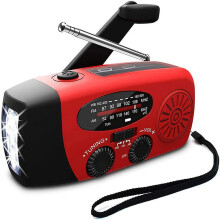 Rádio de emergência com manivela, item essencial para casa e atividades ao ar livre. Possui 3 fontes de alimentação: rádio meteorológico