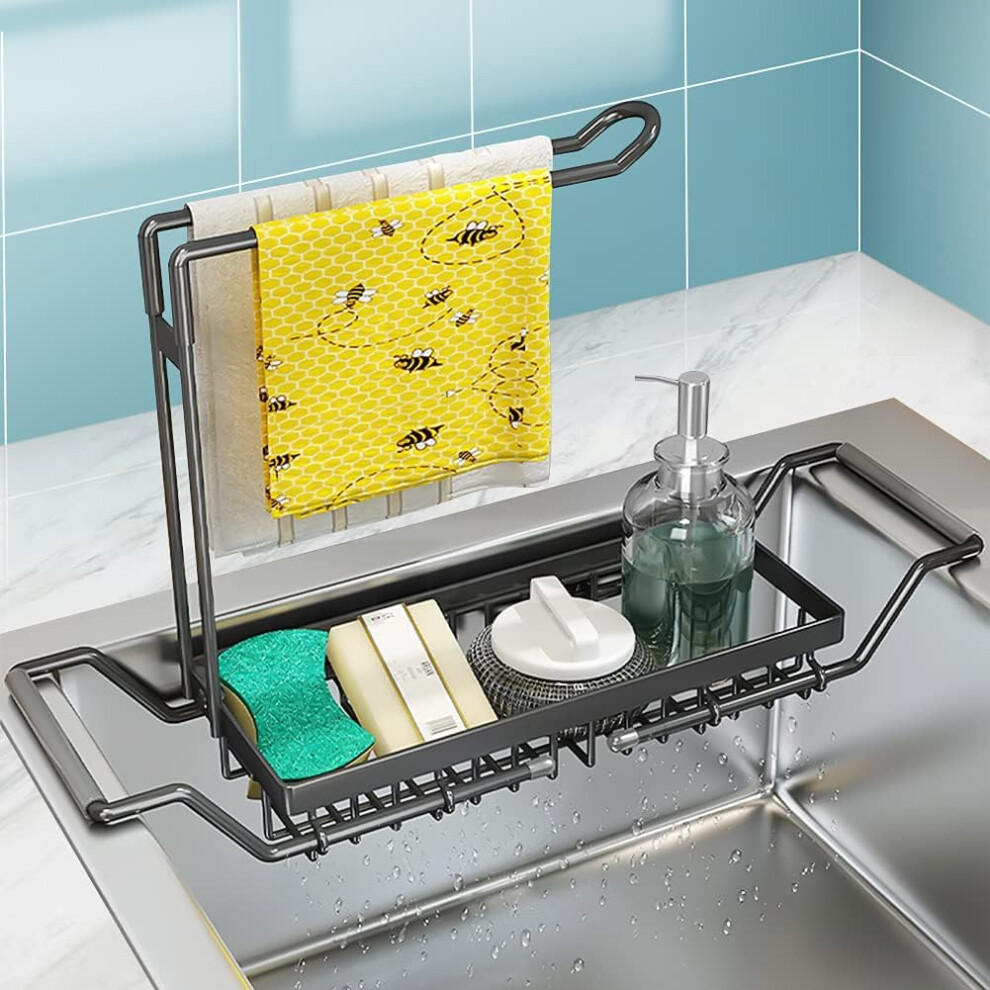 Expandable Kitchen Sink Caddy, Telescopic Sink Storage Rack with Integrated Dishcloth Towel Holder, Rustproof Stainless Steel Sponge Holder for Over