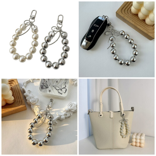 Cute Bowknot Pearl Hoop Keychain Hanging Decorations-Silver 2