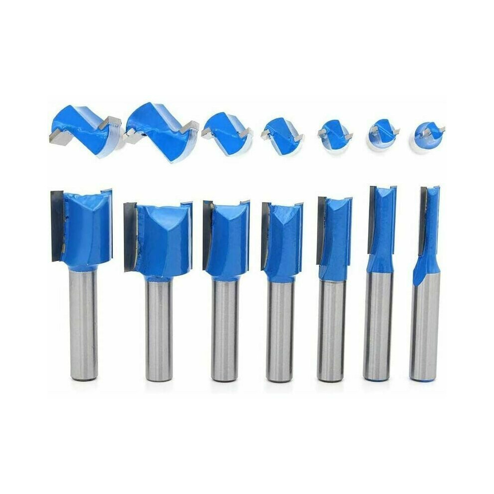 Blue Professional Straight Router Bit Set, 7Pcs Double Flute Carbide Tipped Cutter For Woodworking Projects, Clean Cutting & Smooth Rotation 9169997060921
