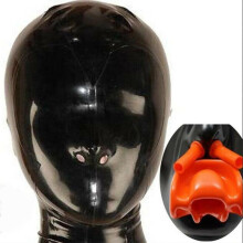 (Red, L) Latex Hood With Red Teeth Gag And Nasal Tubes Back Zipper Mask Bdsm