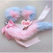 (Pink Blue) Neko Cat Ears Headband With Fox Or Kitten Tail Metal Butt Plug Bdsm Cosplay