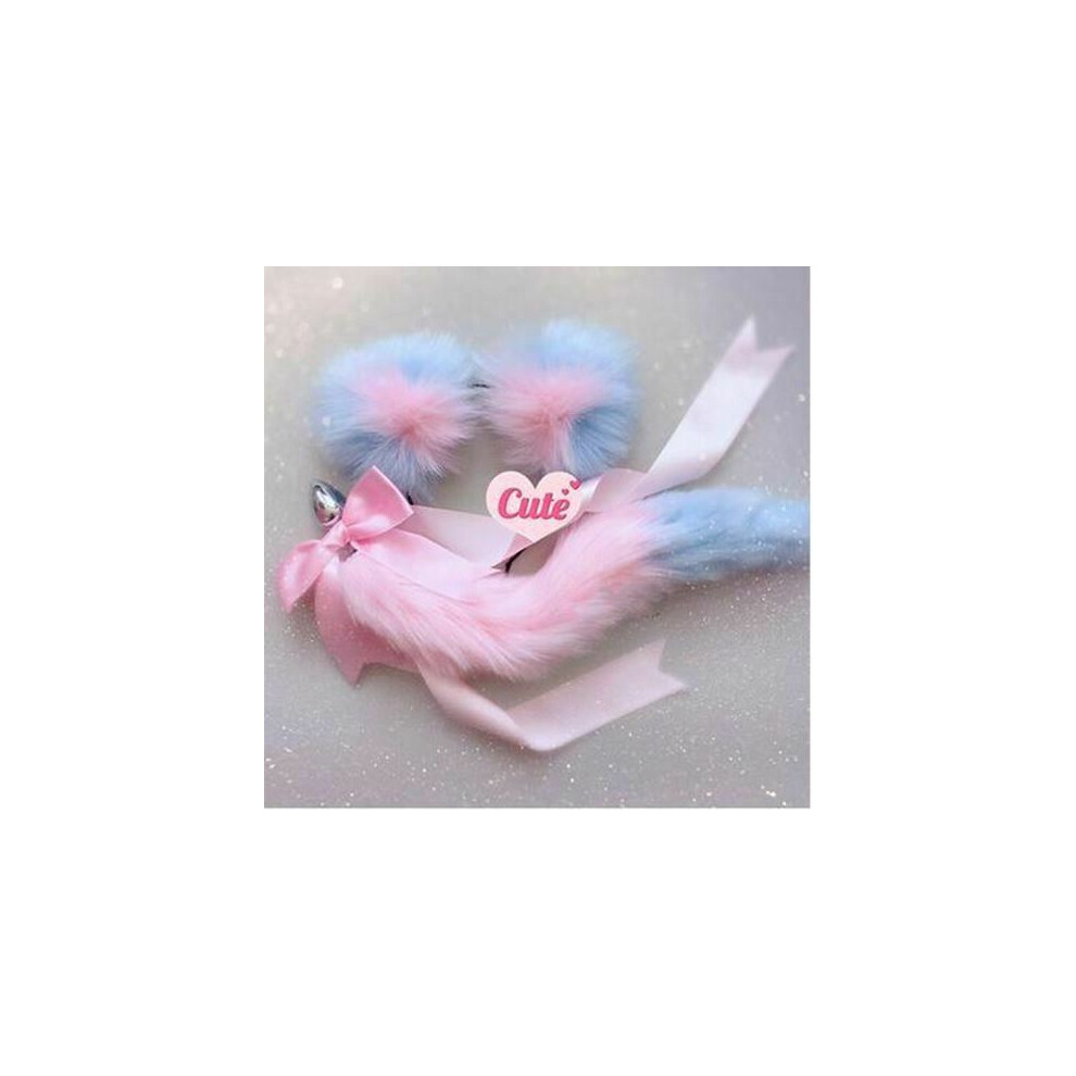 House Of Dasein (Pink Blue) Neko Cat Ears Headband With Fox Or Kitten Tail Metal Butt Plug Bdsm Cosplay
