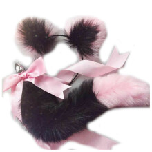 (Black Pink) Neko Cat Ears Headband With Fox Or Kitten Tail Metal Butt Plug Bdsm Cosplay