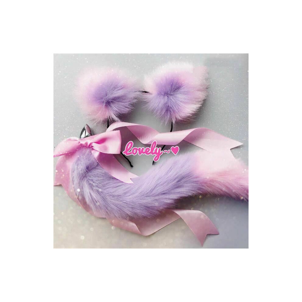 House Of Dasein (Purple Pink) Neko Cat Ears Headband With Fox Or Kitten Tail Metal Butt Plug Bdsm Cosplay