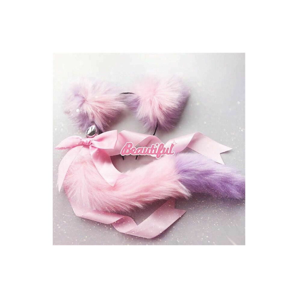 House Of Dasein (Pink Purple) Neko Cat Ears Headband With Fox Or Kitten Tail Metal Butt Plug Bdsm Cosplay