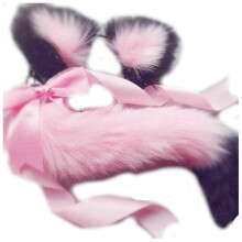 (Pink Black) Neko Cat Ears Headband With Fox Or Kitten Tail Metal Butt Plug Bdsm Cosplay
