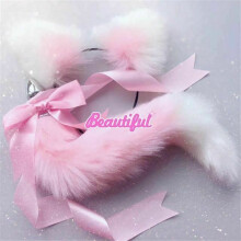 (Pink White) Neko Cat Ears Headband With Fox Or Kitten Tail Metal Butt Plug Bdsm Cosplay
