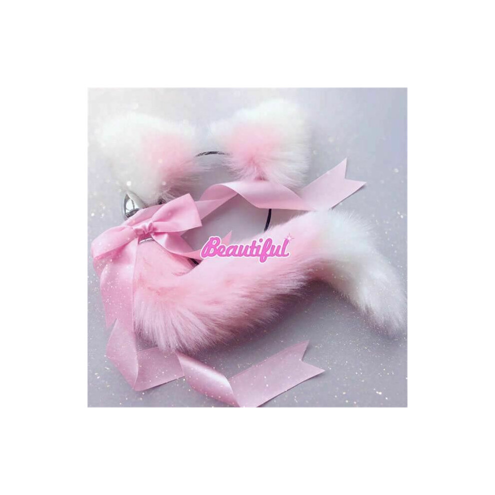 House Of Dasein (Pink White) Neko Cat Ears Headband With Fox Or Kitten Tail Metal Butt Plug Bdsm Cosplay