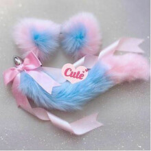 (Blue Pink) Neko Cat Ears Headband With Fox Or Kitten Tail Metal Butt Plug Bdsm Cosplay