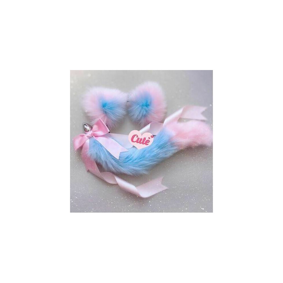 House Of Dasein (Blue Pink) Neko Cat Ears Headband With Fox Or Kitten Tail Metal Butt Plug Bdsm Cosplay