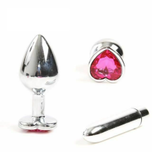 (Plug with vibrator, Medium) Pink Heart Crystal Jewel Metal Butt Plug Three Size Mini Bullet Vibrator Anal Training