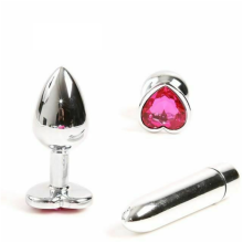 (Plug with vibrator, Small) Pink Heart Crystal Jewel Metal Butt Plug Three Size Mini Bullet Vibrator Anal Training