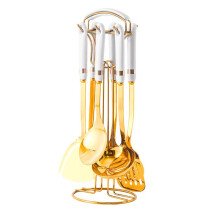 (White) Golden Stainless Steel Kitchen Utensil Set With Colourful Ceramic Handles
