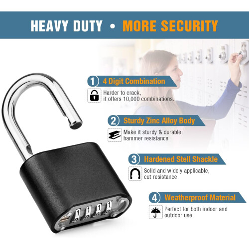 Weatherproof High Security Padlock, Anti-Rust Zinc Alloy 4 Digit Code Resettable Combination Lock, Heavy Duty for Multiple Applications Including 2