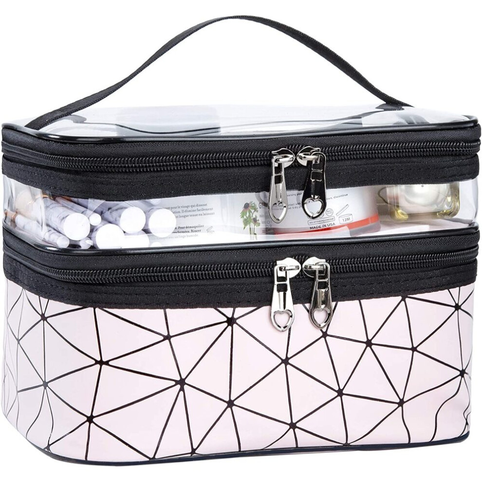 Double Layer Cosmetic Organizer, Large Capacity Travel Makeup Bag with Brush Compartment and Clear Top, Waterproof Travel Essentials for Women,