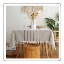 Cotton Linen Table Cloth, Embroidered Pattern, Rectangle Tablecloth with Tassels for Kitchen Dining Party, 6-8 Seats, Washable, Durable Construction