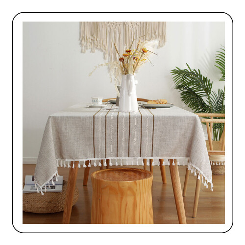 Striking Rectangular Tablecloths, Rustic Cotton Linen Covers with Stripes, Water Resistant Dining Table Protector, Washable with Tassels,