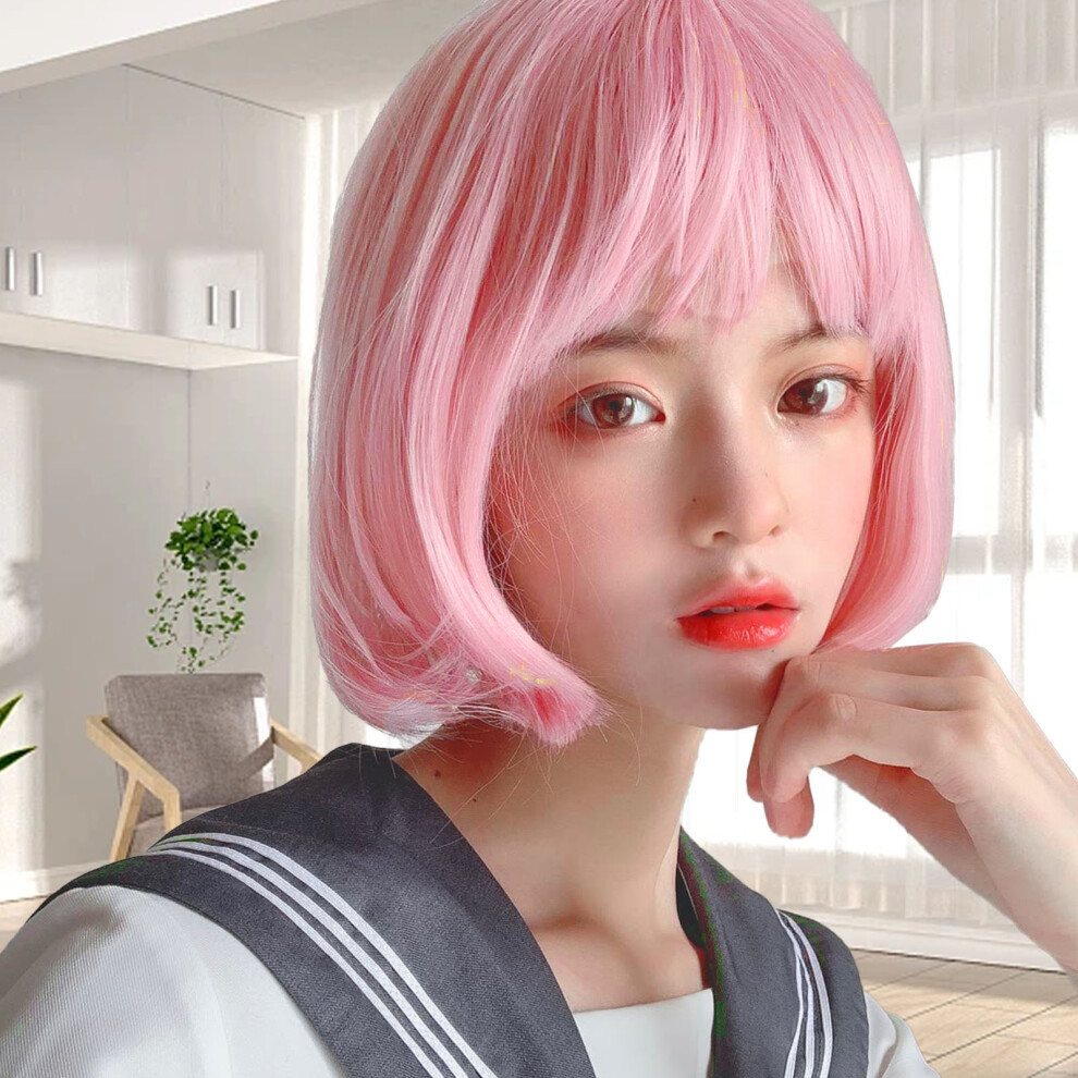 Unisex Pink Fluffy Bob Wig With Bangs Heat-Resistant Fiber For Daily Wear
