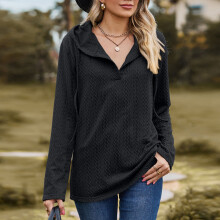 Camicia lunga con cappuccio nero, a maniche lunghe, tinta unita, Jacquard, vestibilità ampia, M