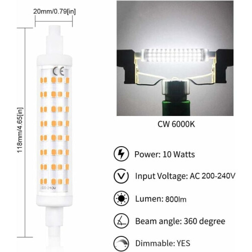 Λαμπτήρας LED 10W R7s, ισοδύναμος αλογόνου μη ρυθμιζόμενος λαμπτήρας με 800Lm και ψυχρό 2