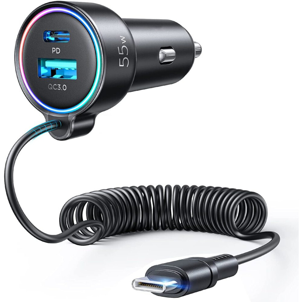 Metal 3-Port Super Fast Car Charger, Equipped With A Coiled Type C Cable For Super Fast Charging, Supports Pps Pd25w, Qc3.0 18W, For Samsung Galaxy, 9004841750354