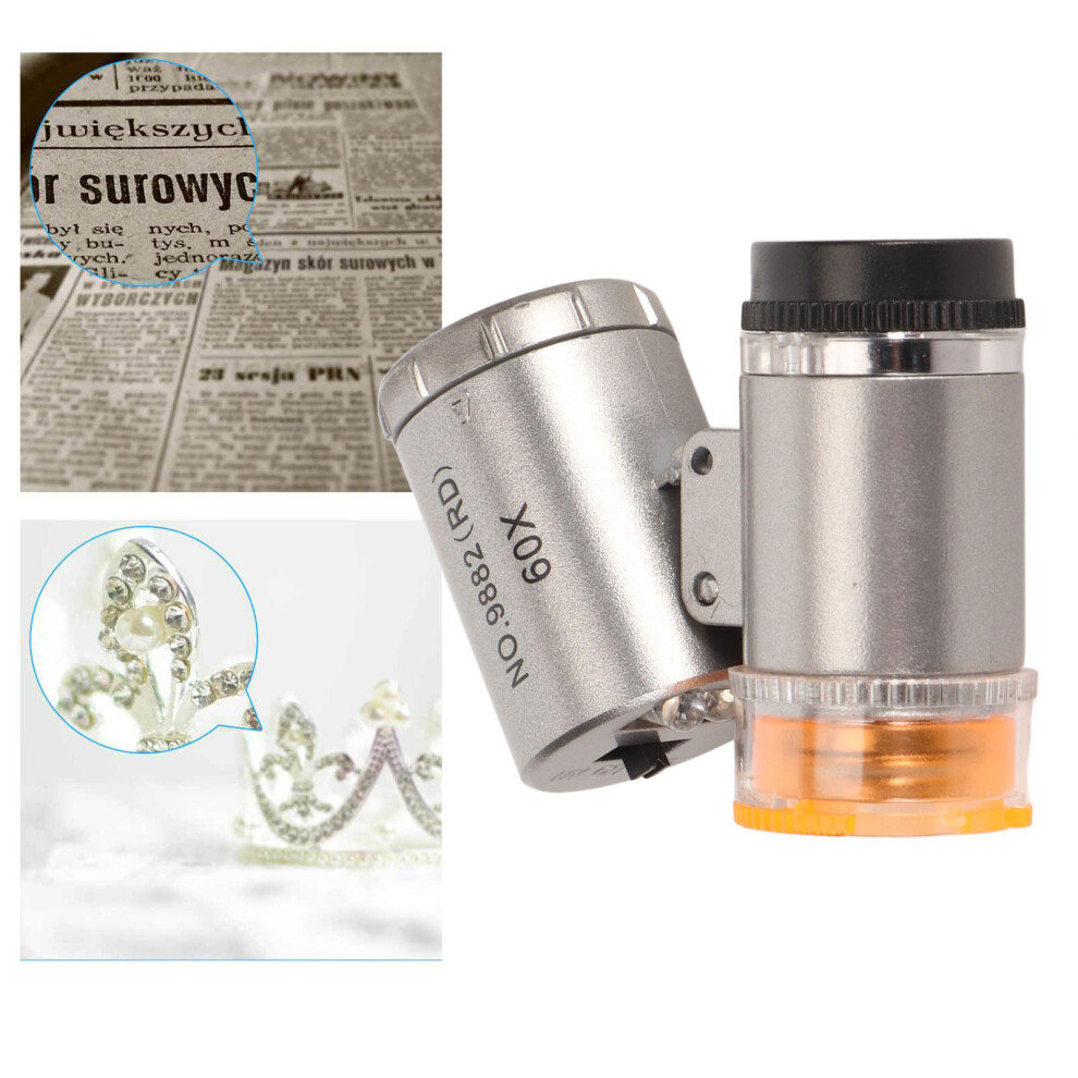 Light/Silver 60X Pocket Microscope Magnifier With Led Portable