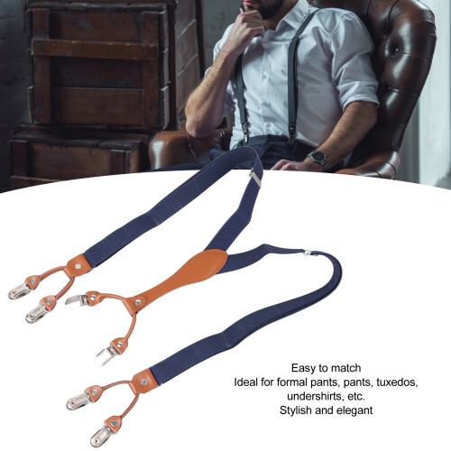 Men Navy Blue Double Layer Adjustable Heavy Duty Suspenders 2.5cm Elastic 2