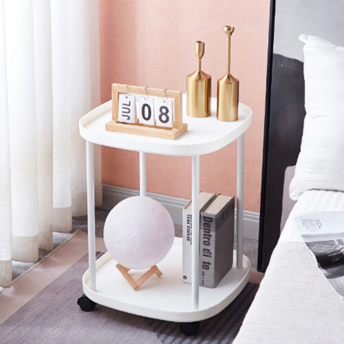 Luxury Double Layer Rolling Bedside Shelf, White, Plastic & Iron 2