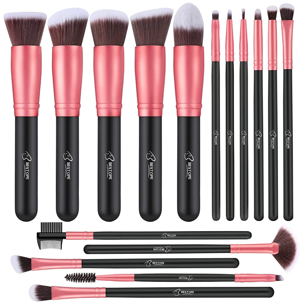 Ultra Soft Synthetic Fiber Brushes, RoseGold 16Pcs - Professional Makeup Brush Set with Bonus Makeup Sponge, Non-Shedding & Skin-Friendly