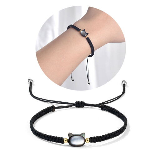 Bracelet à breloques en forme de chat, corde tissée-Noir 2