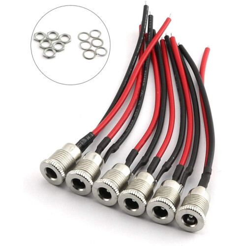 6Pcs  Power Connectors 5.5 x 2.1mm Female Socket with Threaded Socket with Cable and Male  Socket Plug with Wire 1